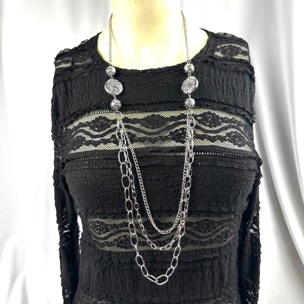 Silver Tone Layered Silver Chain Statement Necklace Edgy Boho Multi Strand
